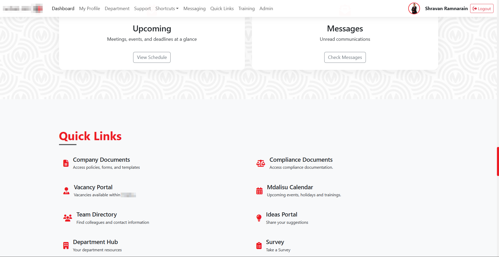 Quick Links Upcoming and Messages